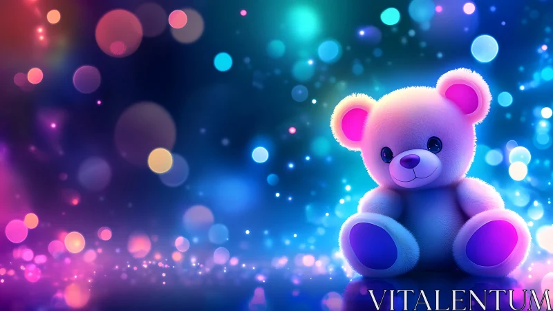 Glowing pastel teddy bear in a dreamy rainbow lightscape.