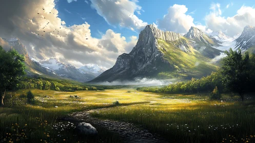 Mountain valley landscape shows lit meadow and rocky peaks