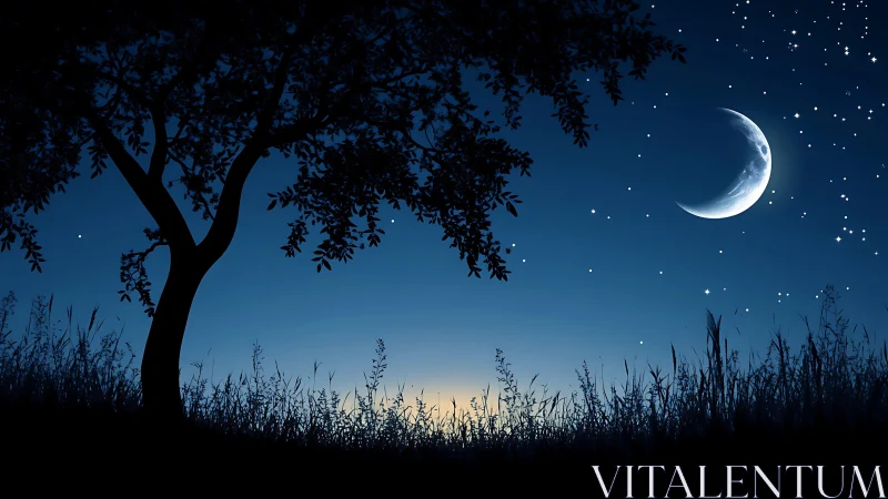 Crescent moon above silhouetted field and tree at dusk.