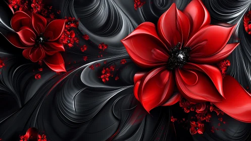 Glossy red floral forms emerge over sculpted black waves