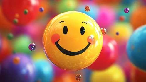 Smiling bubble drifts through a playful rainbow day.