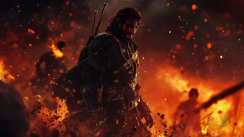 Battle-scarred warrior strides through fiery battlefield inferno.