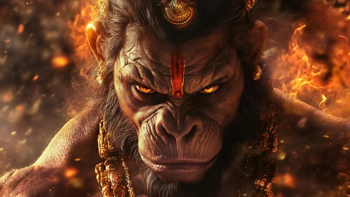 Fire-eyed warrior simian glares through swirling molten dusk