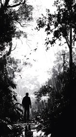 Solitary figure walks a rainforest trail under relentless rain