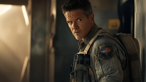 Battle-worn space ranger watches the corridor for trouble.