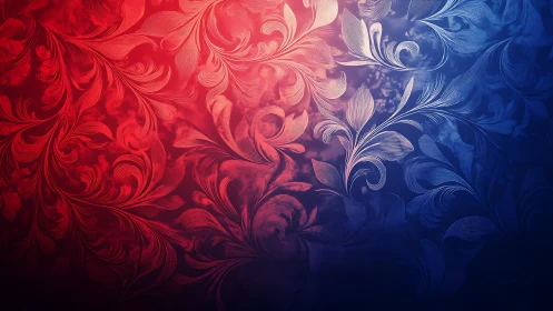 Floral whorls drift between ember reds and midnight blues