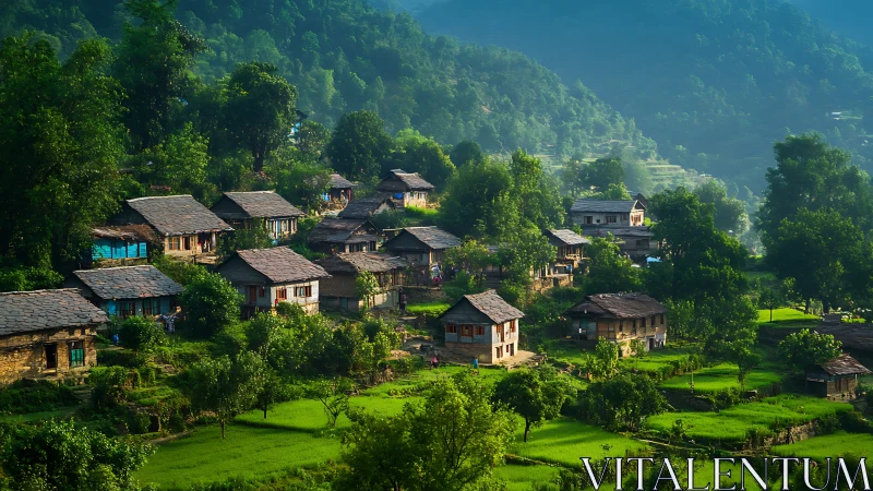 Hillside village stitched in emerald terraces and morning hush.