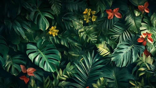Lush tropical leaves with bright blossoms in a cozy jungle.