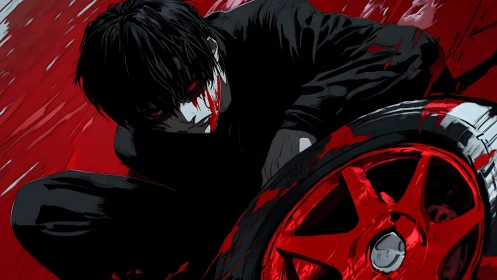 High-contrast anime figure crouching by red blood-smeared wheel