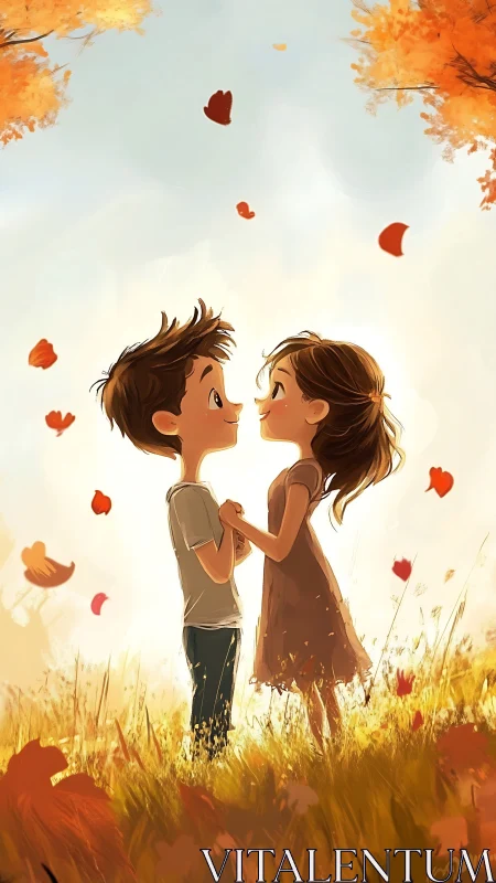 Two Children Holding Hands in Autumn Field