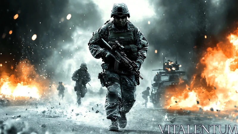 Soldier advancing through fiery battlefield chaos in focus.