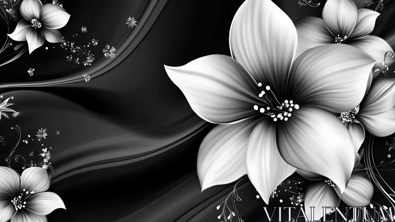 Monochrome Floral Composition with Ornate Botanical Elements