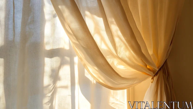 Sunlit sheer curtains partially drawn across a window