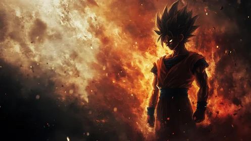 Fiery anime warrior stands against swirling cosmic storm.