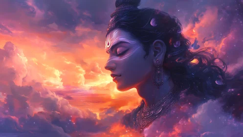 Divine profile portrait in glowing cosmic sunset clouds.