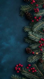 Evergreen conifer sprigs with berries on matte teal ground.