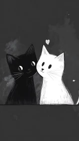 Two Cats in Love: Black and White Digital Illustration.
