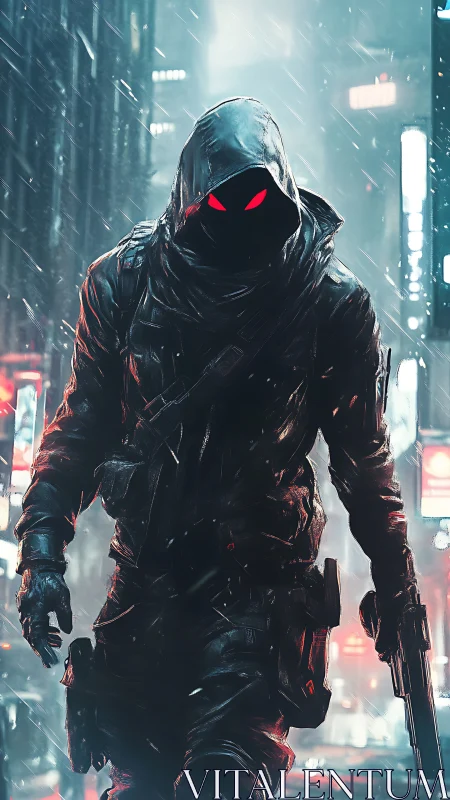 Midnight hunter with neon eyes stalking the cyber rainstorm.