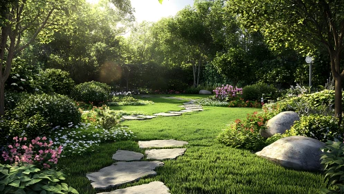 Sunlit garden path winding through lush, quiet greenery.