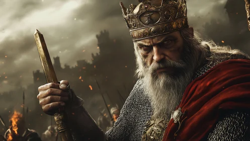 Battle-hardened medieval king in photorealistic war tableau.