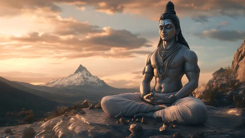 Lord Shiva meditating on a rocky mountain at sunset.