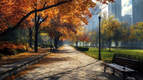 Urban park promenade under golden autumn tree canopy