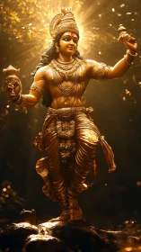 Golden Hindu deity statue glows in radiant forest light.