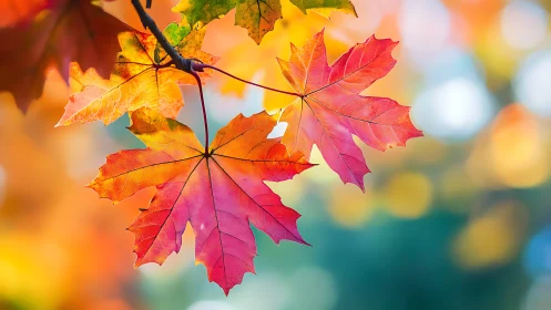 Sunlit maple leaves blazing through soft autumn bokeh glow.