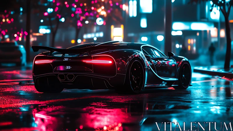 Sleek hypercar on neon lit wet city street at night.
