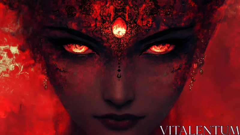 Fiery red-eyed female face dominates a dark textured frame