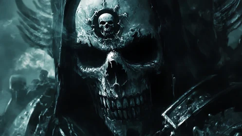 Armored skeletal warlord emerges from shadowed battlefield