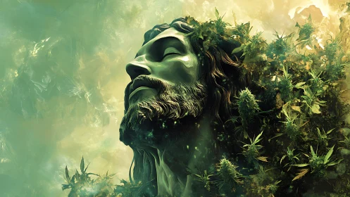 Leaf-crowned stone visage emerging in luminous green haze.