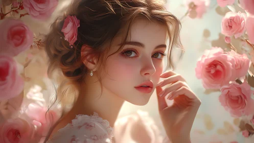 Romantic digital portrait with soft-focus rose bokeh field.