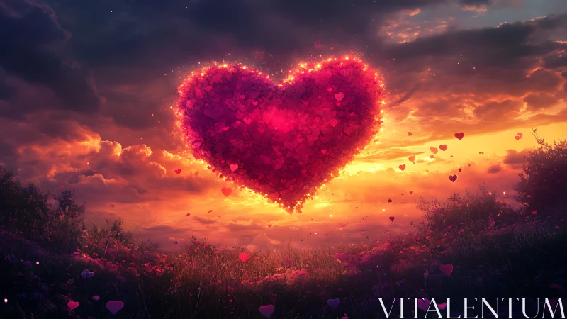 Illuminated heart formation against dramatic sunset sky