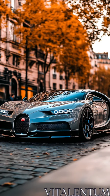 Silver hypercar prowls autumn city streets in fiery glow.