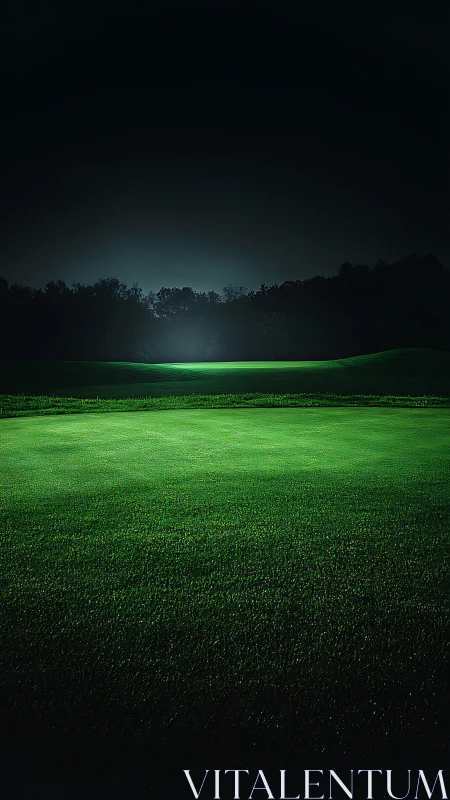 Moonlit fairway hush with emerald grass under nightfall.