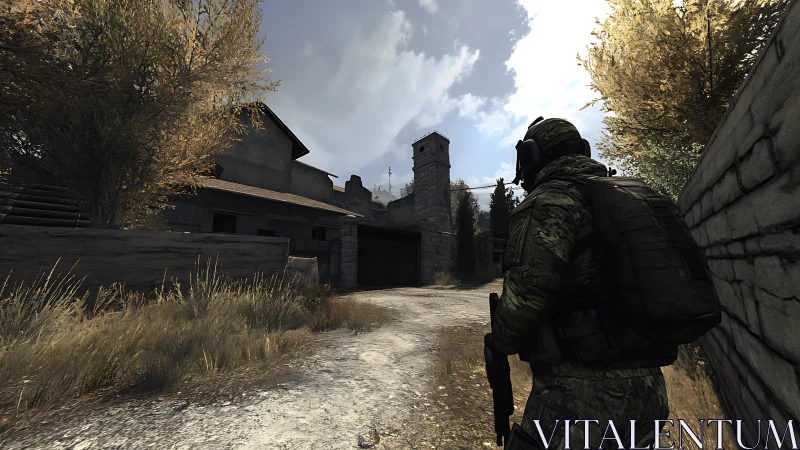 Tactical soldier in rural compound under overcast daylight.