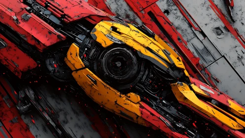 Futuristic red and yellow mechanical core in close view.