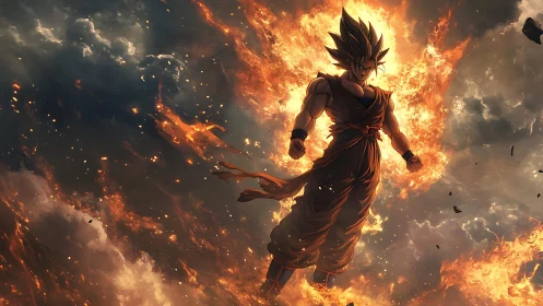 Fiery energy surrounds a floating anime fighter in clouds