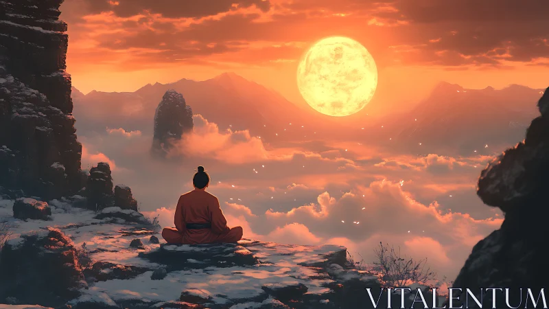 Solitary figure meditating above clouds at fiery sunset.