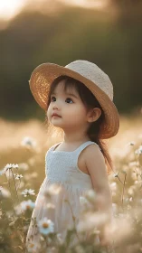 Golden Hour Portraiture: Child in Meadow With Straw Hat.