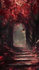 Stone arch and forest path under dense red foliage.