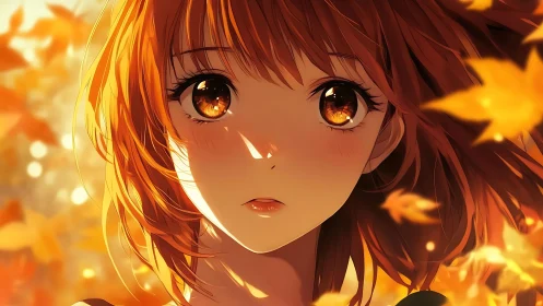Autumn-eyed girl caught in a swirling golden leaf hush.