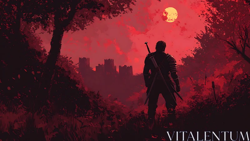 Lone swordsman confronts a distant castle under blood moon