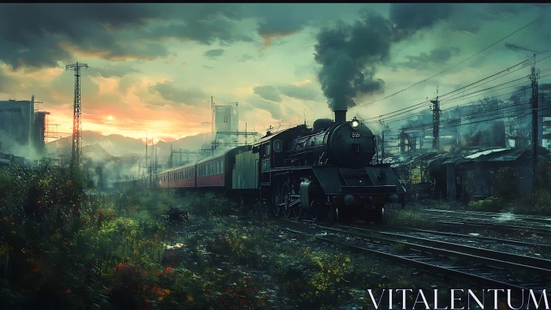 Steam locomotive at dusk in overgrown urban rail yard.