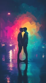 Silhouetted figure embracing against chromatic gradient light projection