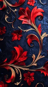 Crimson florals curling over midnight embossed canvas.