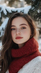 Serene winter portrait with red scarf and soft snow glow.