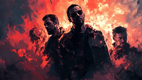 Three men in sunglasses in fiery red digital portrait.