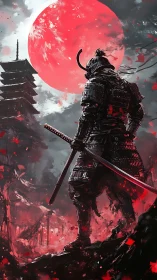 Blood-red moon crowns the lone samurai over burning ruins